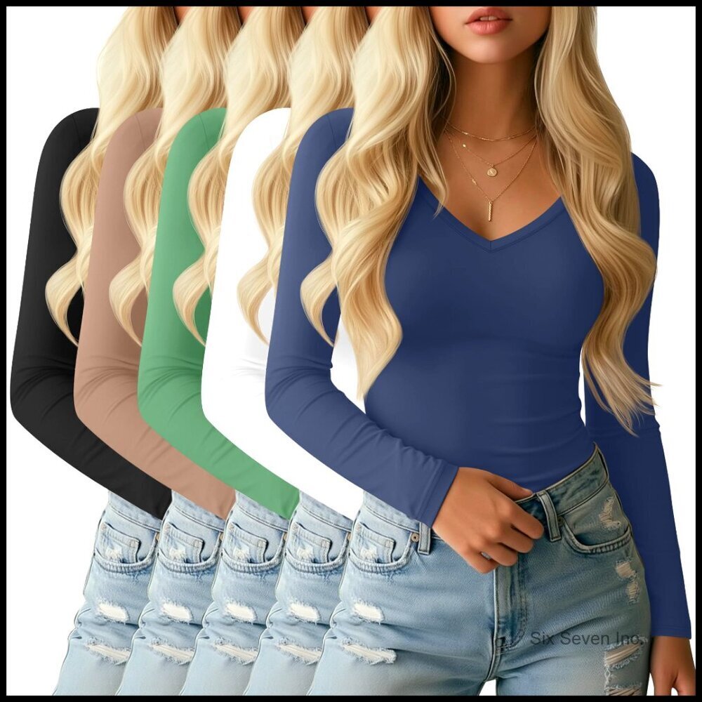 Long Sleeve V Neck T Shirts Slim Fit Cotton Basic Tee Tops for Layering